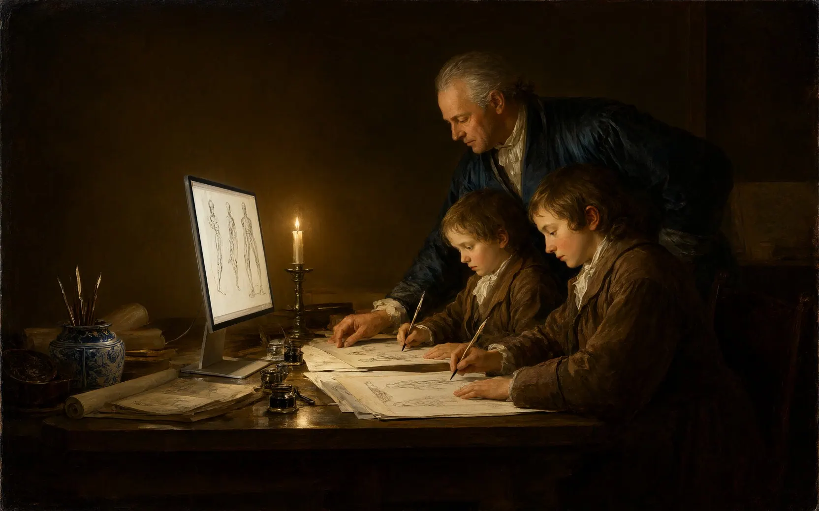 An oil painting of three apprentices copying an anatomical drawing from a modern display that stands among inkwells, while their master checks the copies.