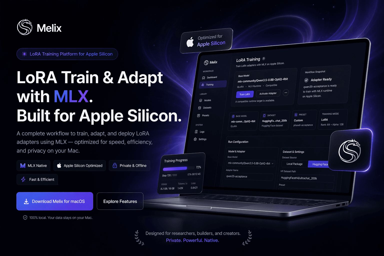 Melix product cover showing a LoRA training workflow optimized for Apple Silicon