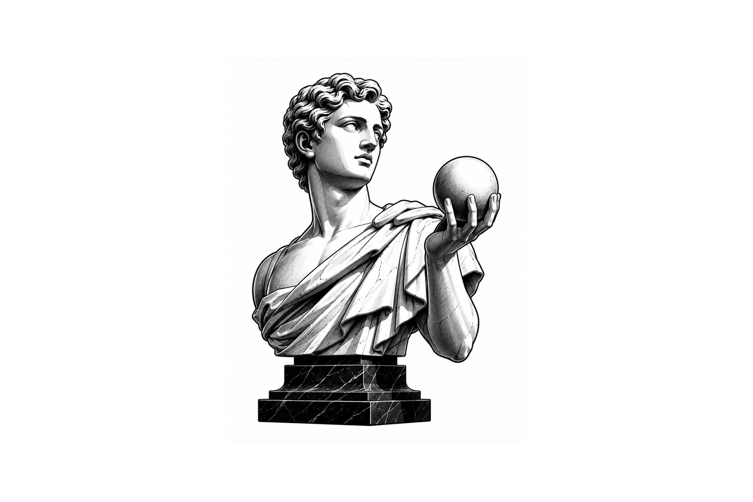 ChatGPT generated Titan-inspired heavy neo-engraved classical half-figure holding a sphere image about research judgement and method