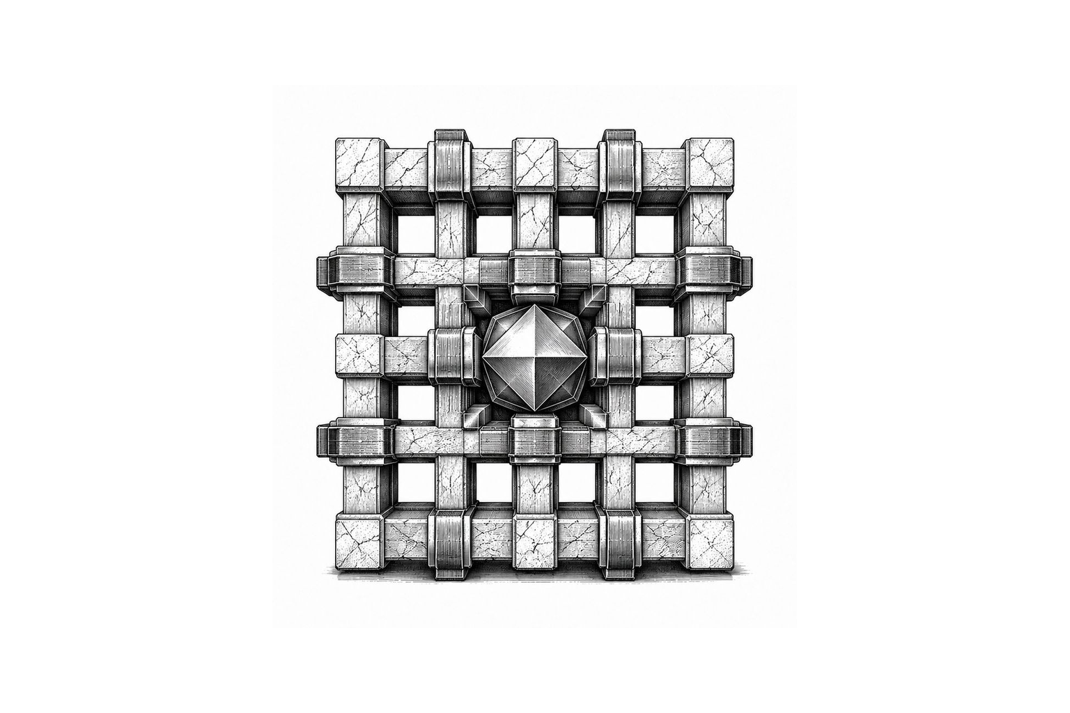 ChatGPT generated placeholder Titan-inspired heavy neo-engraved interlocking constraint matrix relief image
