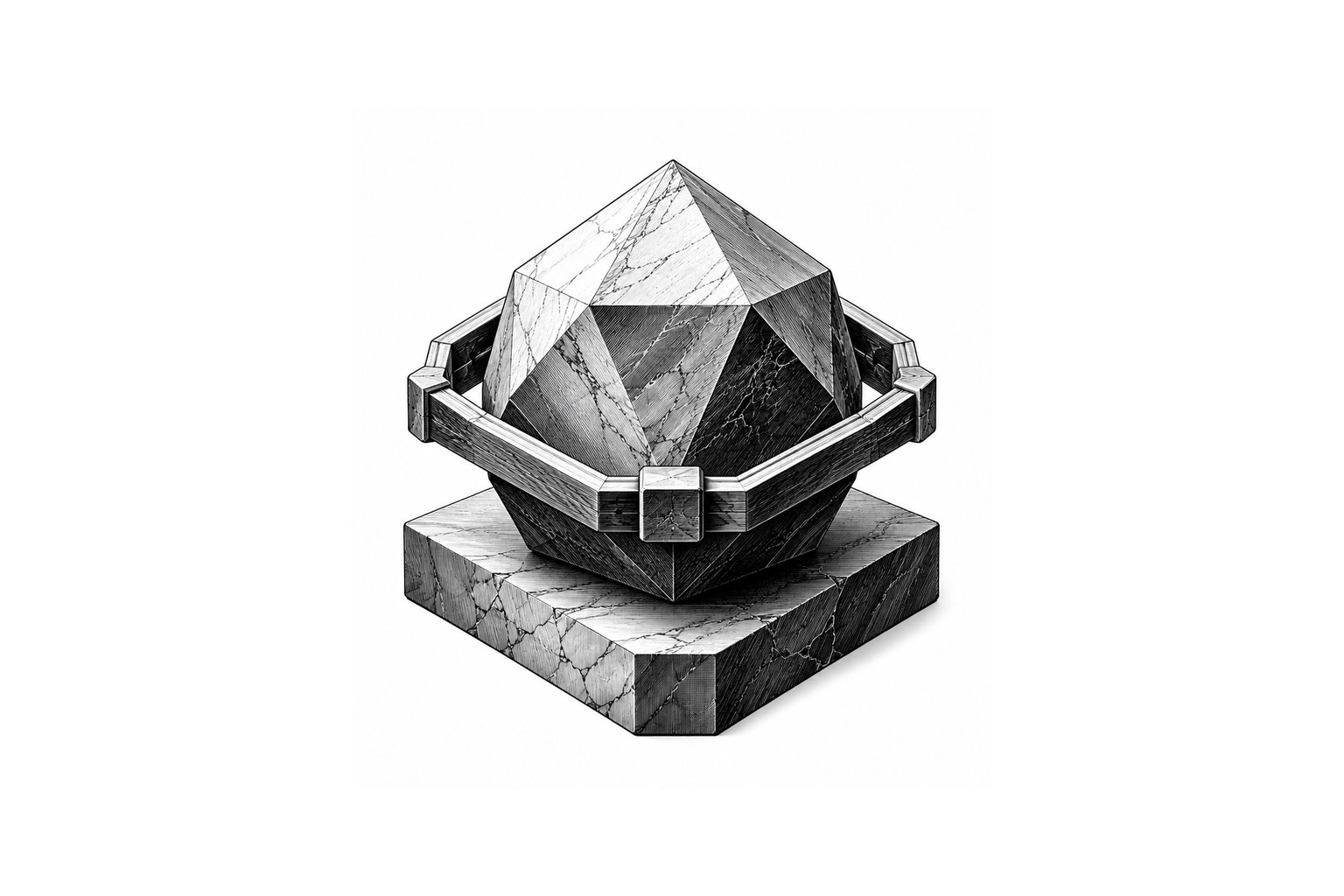 ChatGPT generated placeholder Titan-inspired heavy neo-engraved faceted private data core on a stone plinth